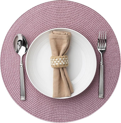 Round Placemats Set of 4 Plastic Woven Placemats Washable Wipeable Table Mats for Dining Table Heat Resistant Non-Slip Circle Place Mats (Lilac)