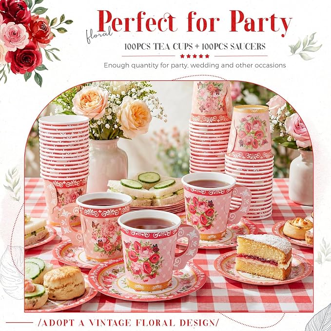 Nuogo 200 Pcs Floral Paper Tea Cups and Saucers 7 oz Disposable Paper Teacups - Image 6