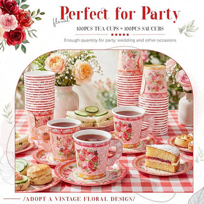 Nuogo 200 Pcs Floral Paper Tea Cups and Saucers 7 oz Disposable Paper Teacups - Image 6