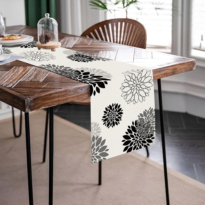 Black Gray Table Runner Dahlia Pinnata Flower Beige Table Runners Modern - Image 3
