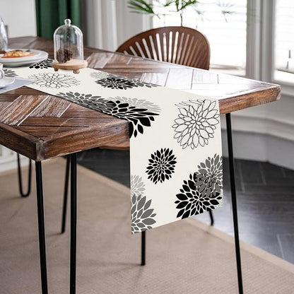 Black Gray Table Runner Dahlia Pinnata Flower Beige Table Runners Modern - Image 3