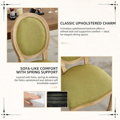 Vintage French Dining Chairs Set of 2, Round Back Upholstered Accent Chairs in Linen Fabric with Solid Wood Frame, Farmhouse Sillas de Comedor for Dining Room & Kitchen, Olive Green