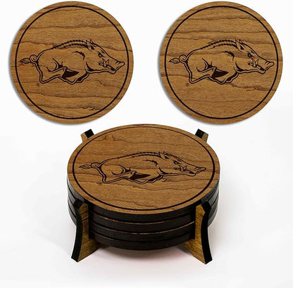 LazerEdge Arkansas Razorbacks Wooden Coaster Set - Cherry Wood - Officially Licensed Product - 4-Pack