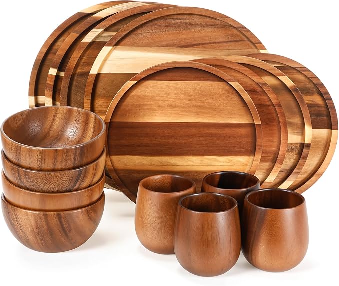 16 Pcs Acacia Wood Dinnerware Set, Round Wooden Plates, Solid Wooden Bowls and by Maxdot