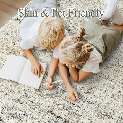 Washable Area Rug 8x10, Large Soft Rugs for Living Room Vintage 8x10 Area Rugs for Bedroom Dining Room Non-Slip Stain Resistant Under Table Blue Ivory Rug