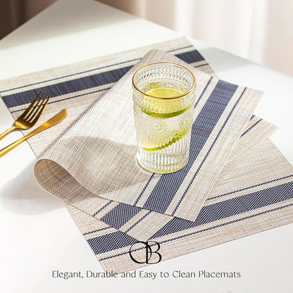 Placemat Set of 4 - Easy Clean Woven Vinyl Placemats for Dining Table, Indoor/Outdoor Place Mats, Washable PVC Table Mats（Blue Skyline）