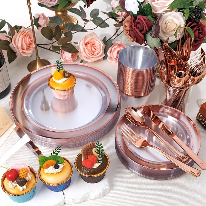 bUCLA 600PCS Clear Rose Gold Plastic Dinnerware Set Disposable - Image 6