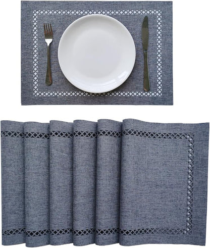 Placemats Set of 6 for Dining Table with Hollow Edge Design- Table Mats 12x 18 Inch, Cloth Place mats Machine Washable (Grey 6pcs)