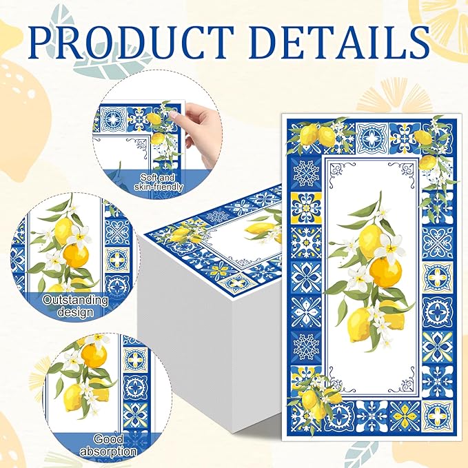 Amalfi Coast Party Decorations - 100 Pcs 7.9 x 4.3 in Lemon Napkin Blue Tiles Mediterranean Disposable Paper Hand Towels, Summer Fruit Lemonade Lemons Theme Birthday Bridal Shower Supplies