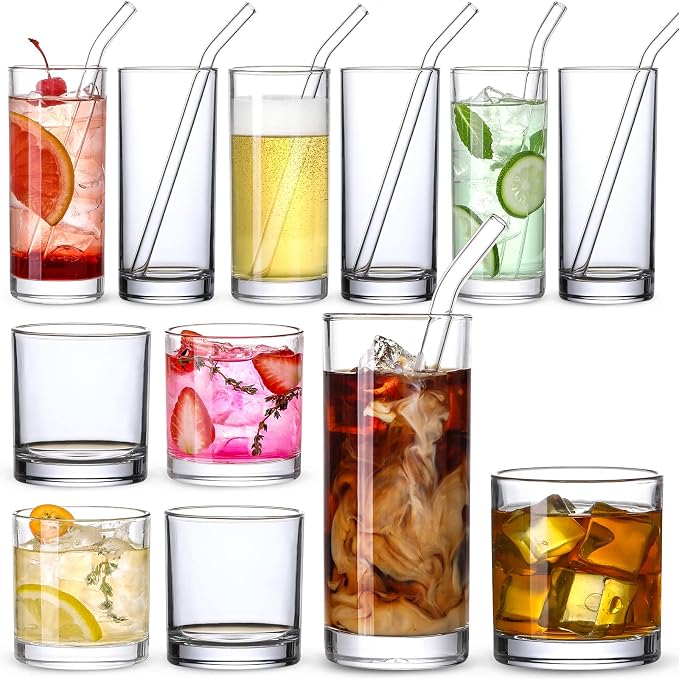 Glass Cups with Glass Straws, 12oz Highball & Rock Drinking Glasses, Everyday by MakeLifeBetterEasier