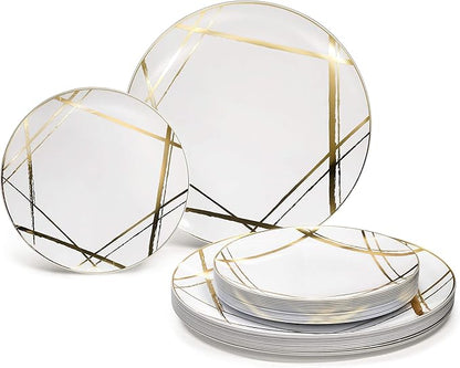 " OCCASIONS " 240 Plates Pack,(120 Guests) Premium Wedding Party Disposable Plastic Plates Set -120 x 10.25'' Dinner + 120 x 7.5'' Salad/Dessert (Monet, White & Gold)