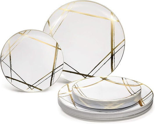 " OCCASIONS " 120 Plates Pack,(60 Guests) Premium Wedding Party Disposable Plastic Plates Set -60 x 10.25'' Dinner + 60 x 7.5'' Salad/Dessert (Monet, White & Gold)