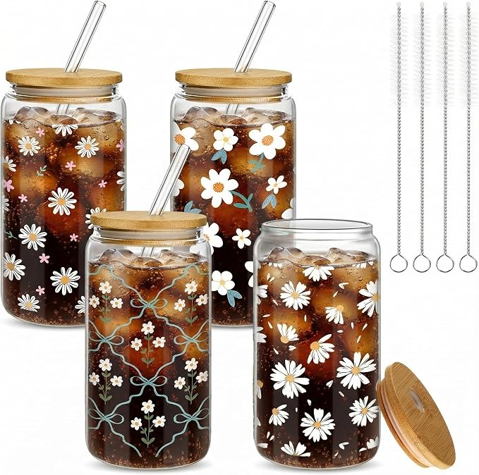 Mumufy 4 Pack Wildflower Glass Cups Gift Aesthetic Cute Glass Cup Tumbler by Mumufy