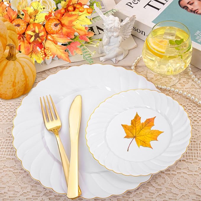 YOUBET 125PCS White and Gold Plastic Plates - Image 3