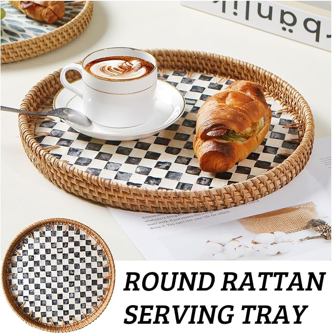 Round Rattan Tray with Mother of Pearl Inlay, Wooden Base | Coffee Table - Image 4