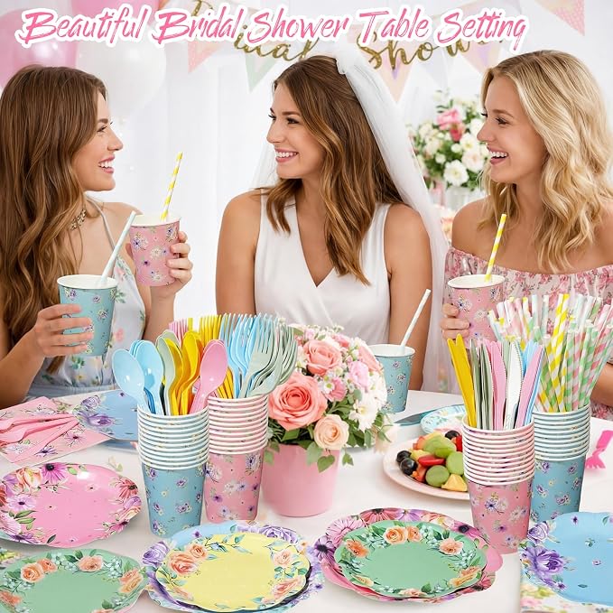 450 Pcs Floral Tea Party Tableware Set Decorations, Serves 50 | Scalloped - Image 4