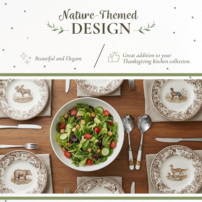 Spode Woodland Salad Servers – 10 Inch Porcelain & Steel Set Featuring Pheasant - Image 3