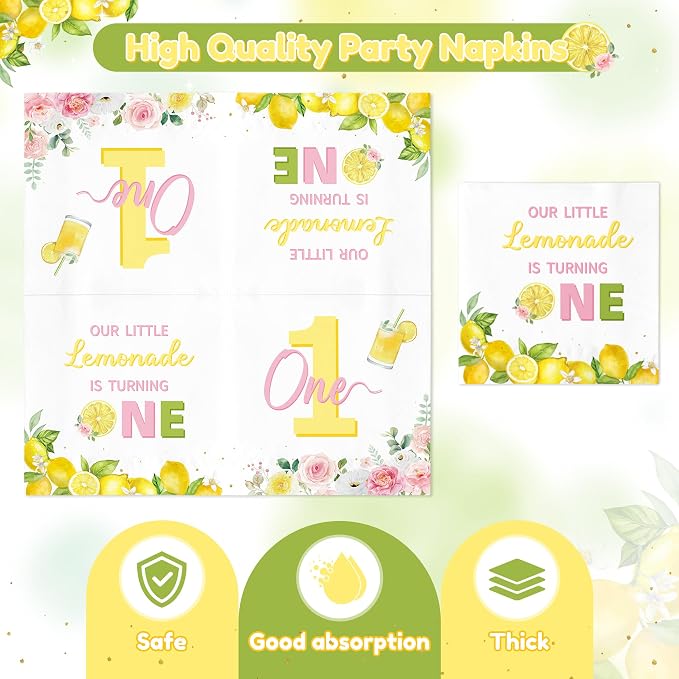 96Pcs Lemon 1st Party Plates Supplies Pink Yellow Our Little Lemonade Is - Image 4