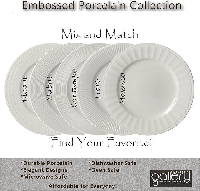 Tabletops Gallery Embossed Bone White Porcelain Round Dinnerware Collection- - Image 2