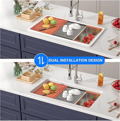33 White Glossy Kitchen Sink 33''x19'' Undermount Fireclay Sink Single Bowl Porcelain Sinks Ceramic Deep Bowl Farmer Basin with Bottom Grid & Strainer Easy To Clean and Noise Reduction