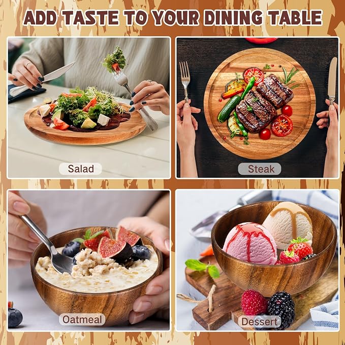 24 Pcs Acacia Wood Dinnerware Set, Round Wooden Plates, Solid Wooden Bowls and - Image 5
