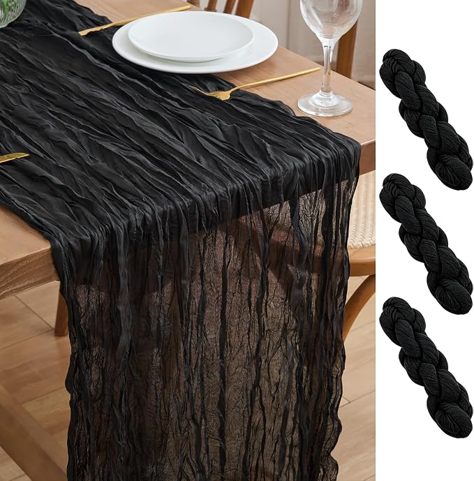 Asee'm 3pcs Black Cheesecloth Table Runner Summer 10FT Boho Gauze Rustic | by Aseem