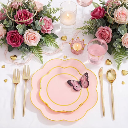 EI 180pcs Pink Plastic Plates with Gold Plastic Silverware,Heavy-Duty Disposable Plates for Party,White Dinnerware Set for 30 Guest Wedding,Birthday,Valentine's Day