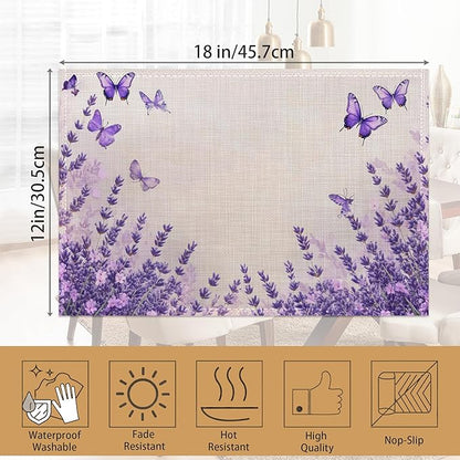 6 Pcs Placemats,Lavender Butterfly Placemat,Purple Table Mats Washable Recyclable Table Placemats for Indoor Outdoor Heat Resistant Kitchen Dining 12"x18"