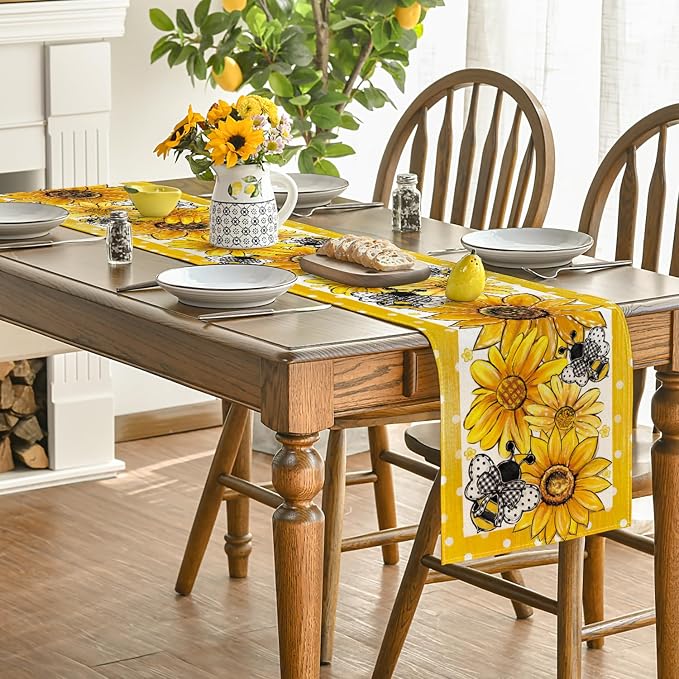Artoid Mode Sunflower Bee Flower Polka Dot Summer Table Runner, Seasonal - Image 4