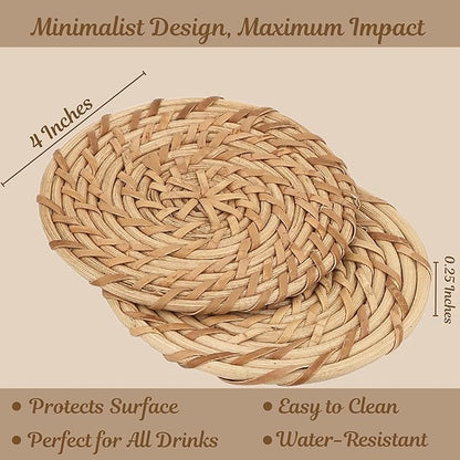 ALPHA Living HOME Handmade Cane Bar Coaster Set of 12-4 Inch Round Woven Natural Brown Drink Mats for Table, Coffee Mug, Glass - Rustic Rattan for Home, Bar, Kitchen Décor
