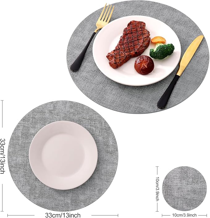 Homaxy Round Faux Leather Placemats and Coasters, Light Grey | Washable - Image 6