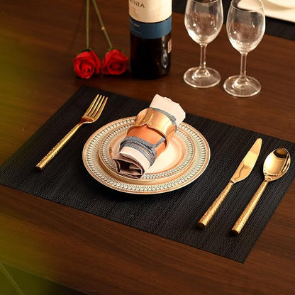 SLKQG Black Placemats Set of 8 - Easy Clean Washable Vinyl Placemats - Heat Resistant Placemats for Kitchen Table - PVC Table Mats for Dining Table (Pure Black, 8)