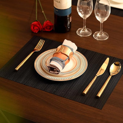 SLKQG Black Placemats Set of 6 - Easy Clean Washable Vinyl Placemats - Wipeable Heat Proof Table Mats for Dining Table - 17x12 Inch (Pure Black, 6)