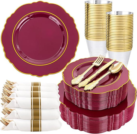 Liacere 350PCS Red Plastic Plates-Disposable Burgundy Red and Gold Plates 50guest Baroque Plastic Dinnerware include 100Plates, 50Pack Pre Rolled Napkins with Silverware 50Cups for Christmas