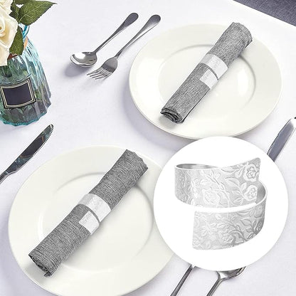 Napkin Rings Set of 12, Irregular-Shaped Metal Napkin Holders with Rose Patterns for Wedding Dining, Holiday Table Decor, Perfect for Home Chefs & Party Planners（Silver）