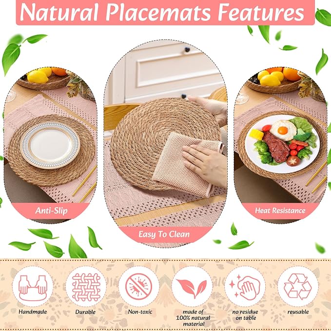 6 Sets Boho Decoration Placemats Round Woven Placemats, Cloth Napkins, Wood - Image 6