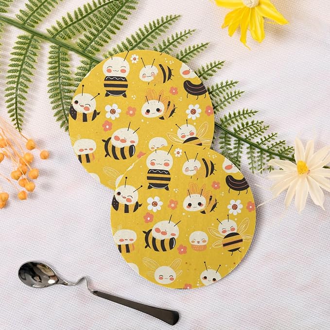 Bees on Yellow 4 Pcs Aesthetic Coasters Cork Tripod, Thermal Pad - Image 3