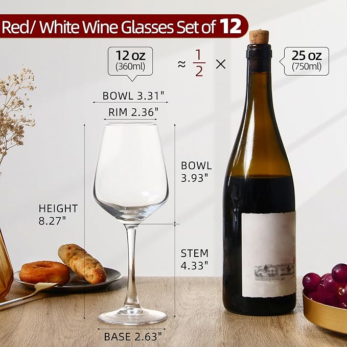 Wine Glasses Set of 12, 12oz Clear Red/White Wine Cup, Long Stem Wine Glasses - Image 2