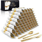 Prestee 100 Piece Gold Plastic Silverware Set - 25 Pre-Rolled Plastic Utensils Set with Forks, Knives, Spoons, and White Napkins - Fancy Disposable Flatware for Dinner Parties, Weddings, and Events
