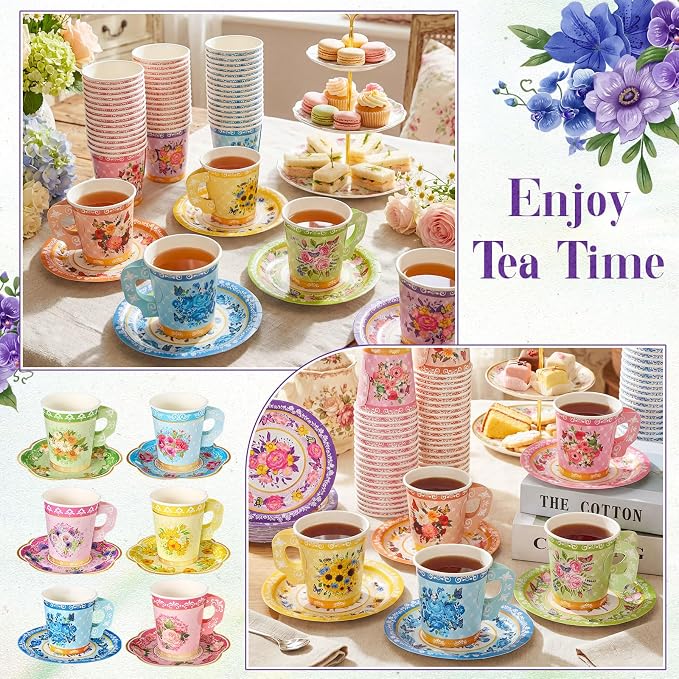 Nuogo 300 Pcs Floral Paper Tea Cups and Saucers 7 OZ Disposable Cups - Image 5