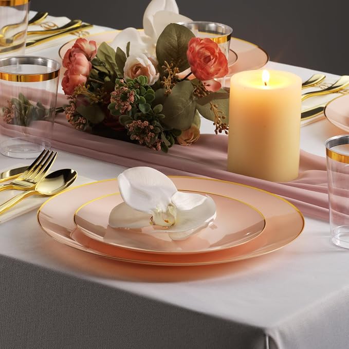 100 Pink Gold Plastic Plates Set, Elegant Fancy Heavy Duty - Image 4