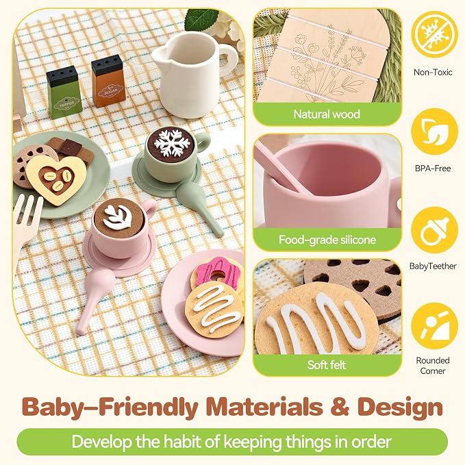 Youuys Tea Party Set for Toddlers 3-5, Wooden & Silicone Pretend Play Tea Set - Image 6