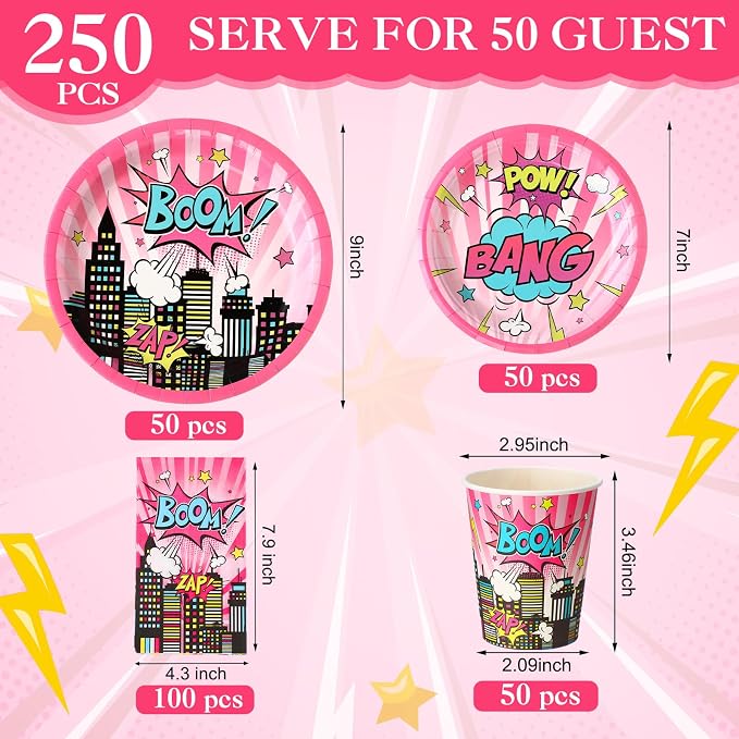 Funnymoom 250 Pcs Girl Hero Birthday Decoration Pink Comic Girl Hero Paper - Image 3
