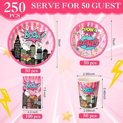 Funnymoom 250 Pcs Girl Hero Birthday Decoration Pink Comic Girl Hero Paper - Image 3