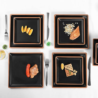 Melamine Dinnerware Sets Service for 4, Square Dinner Plates and Bowls Set,12-Piece Set Non-breakable Lightweight Dinner Tableware for Indoor/Outdoor Use
