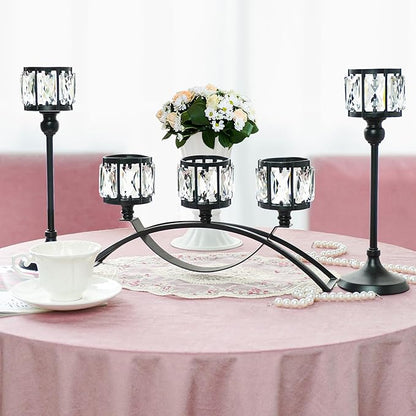 Black Set of 3 Crystal Candle Holders Arched - Elegant Tabletop Candelabra Centerpiece for Weddings, Dining Room Decor, Modern Home & Cabinet Display Housewarming