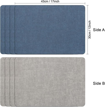 Myir JUN Reversible Vinyl Placemats Set of 8, Faux Leather Place Mats Dual Sided Waterproof Wipeable, Heat-Resistant Table Mats for Kitchen Dining Indoor Outdoor (12" x 17", Light Gray Navy Blue)