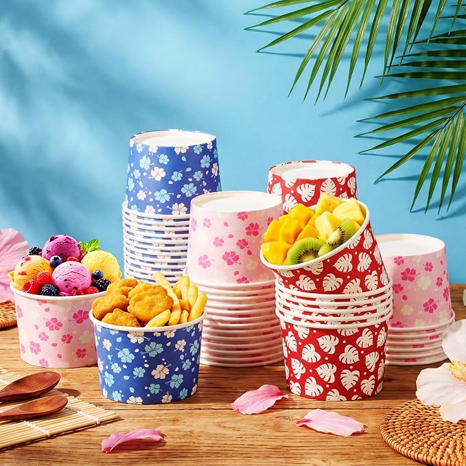 CHENGU 60 Pcs 9 oz Hawaii Hibiscus and Tropical Leaves Ice Cream Cups, Tropical - Image 6