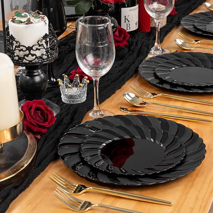 U-QE 60 Pcs Black Plastic Plates for Party – Black Plastic Disposable Heavy Duty – Include 30 10.25" Dinner & 30 7.25" Dessert Plate - Perfect for Parties, Weddings
