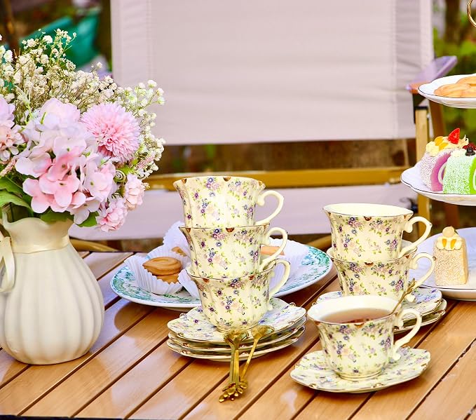 TATSUMI Country Roses 18 Peices Bone China Tea Cup And Saucer Set, English - Image 7